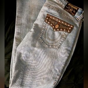 TRUE RELIGION leather studded pocket accents, gently worn.